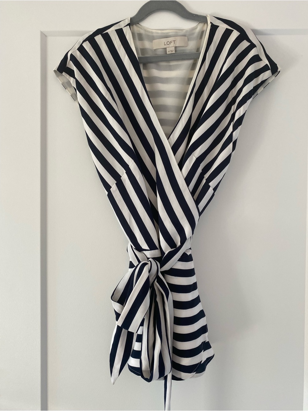 LOFT Navy & White Striped Wrap Blouse with Front Tie